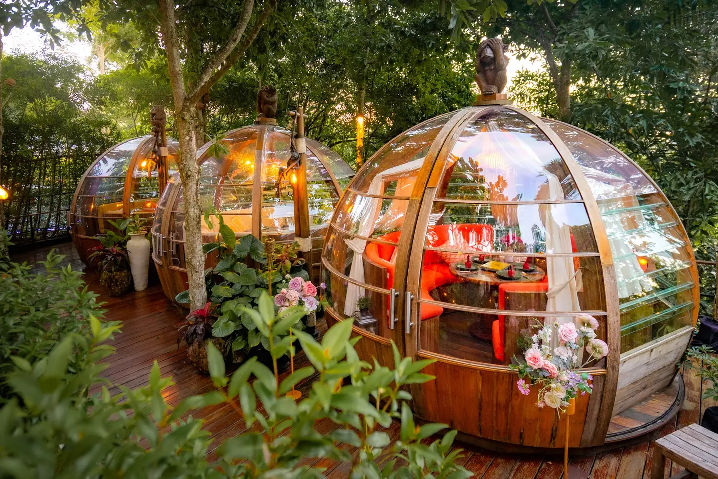 Rounded Monkey Dome dining structures beside a garden path