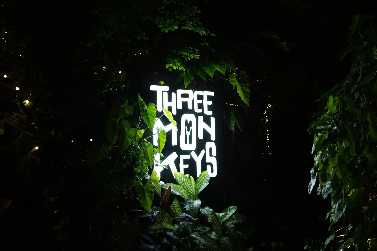 Illuminated Three Monkeys sign surrounded by greenery at night